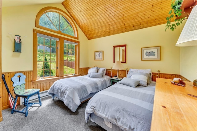 2555 County Highway 22, Richfield, NY 13439 - carpeted bedroom featuring wainscoting, multiple windows, wood ceiling, wooden walls, and high vaulted ceiling