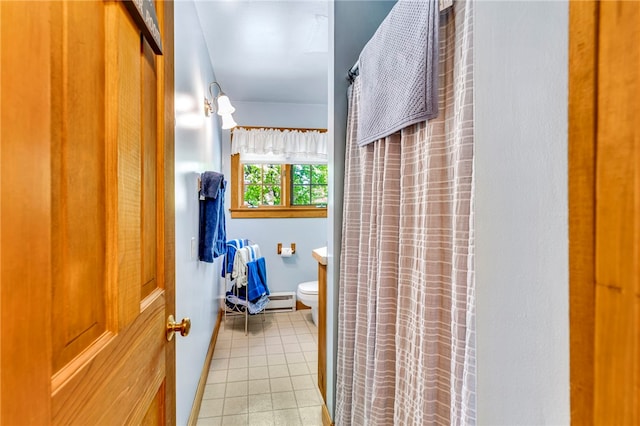 2555 County Highway 22, Richfield, NY 13439 - full bathroom with tile patterned floors, toilet, a baseboard radiator, and a shower with curtain