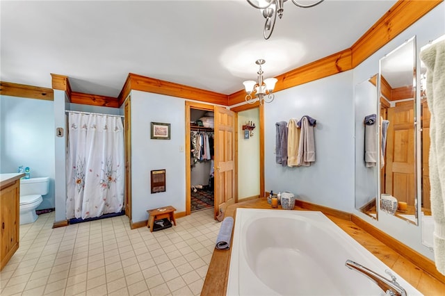 2555 County Highway 22, Richfield, NY 13439 - full bathroom with a chandelier, toilet, a bath, a shower with shower curtain, and a spacious closet