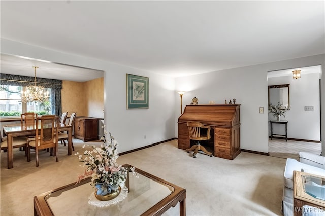 4640 Pine Mnr Unit W, Clarence, NY 14031 - living area featuring light carpet, a chandelier, and baseboards