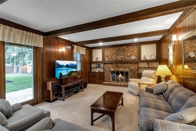 4640 Pine Mnr Unit W, Clarence, NY 14031 - living room with wooden walls, light carpet, beam ceiling, and a brick fireplace