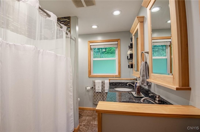 11245 Bell Hill Rd, Deerfield, NY 13502 - full bathroom with vanity, baseboards, toilet, recessed lighting, and a shower with shower curtain