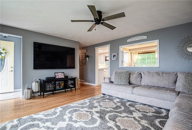 11245 Bell Hill Rd, Deerfield, NY 13502 - living room with wood finished floors, a ceiling fan, and baseboards