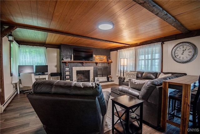 11245 Bell Hill Rd, Deerfield, NY 13502 - living area with wooden ceiling, baseboard heating, a brick fireplace, and dark wood-type flooring