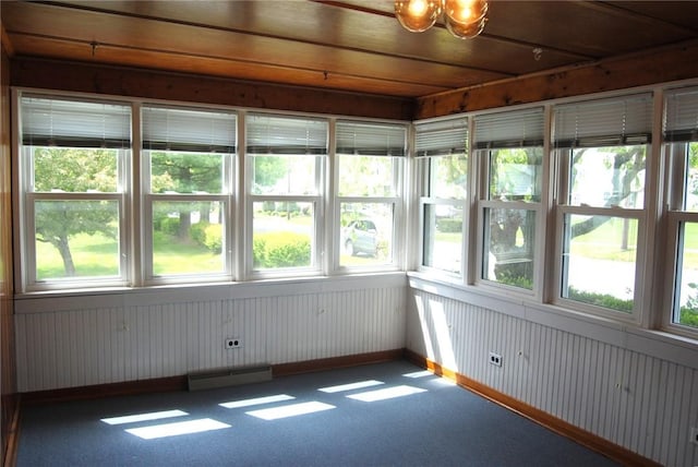 202 Birch St, Kane-Borough, PA 16735 - unfurnished sunroom with a baseboard radiator, carpet, plenty of natural light, wood walls, and a chandelier