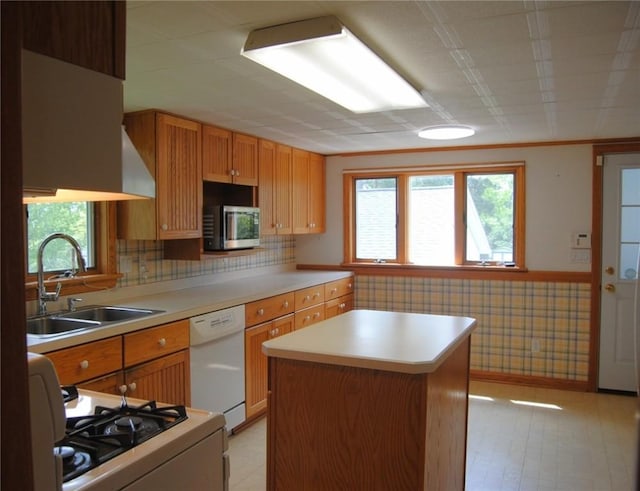 202 Birch St, Kane Boro, PA 16735 - kitchen with white appliances, plenty of natural light, light countertops, a wainscoted wall, and a kitchen island