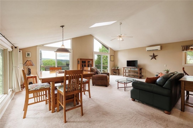 4255 Parish Hill Rd, Italy, NY 14512 - dining space featuring a wall mounted AC, light colored carpet, plenty of natural light, and high vaulted ceiling