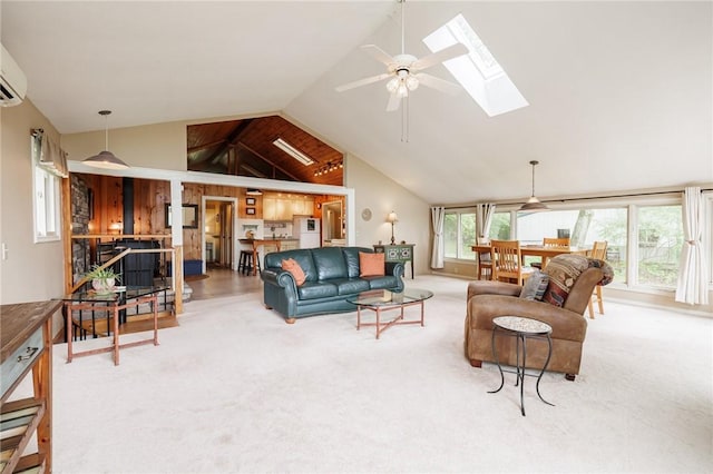 4255 Parish Hill Rd, Italy, NY 14512 - carpeted living room with a skylight, lofted ceiling, a ceiling fan, and a wall mounted air conditioner