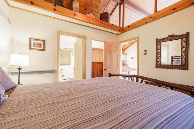 4255 Parish Hill Rd, Italy, NY 14512 - bedroom featuring connected bathroom, high vaulted ceiling, and wooden ceiling with exposed beams