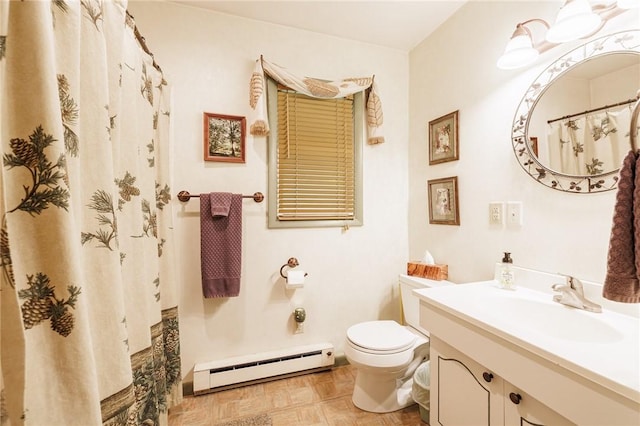4255 Parish Hill Rd, Italy, NY 14512 - bathroom featuring baseboard heating, vanity, toilet, and curtained shower