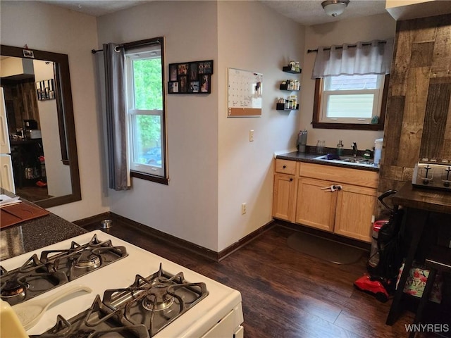 237 Tremont St, North Tonawanda, NY 14120 - kitchen with gas stove, a sink, dark wood-type flooring, dark countertops, and freestanding refrigerator