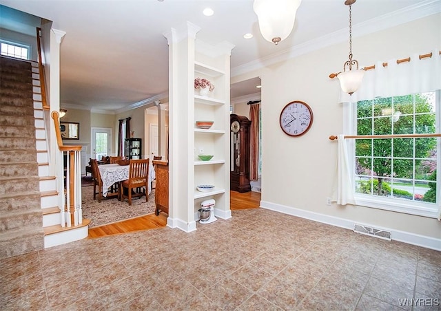 4786 Ormonde Dr, Cazenovia, NY 13035 - spare room with crown molding, stairs, baseboards, tile patterned flooring, and recessed lighting