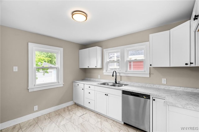 19 Mayville Ave, Tonawanda-Town, NY 14217 - kitchen with a sink, dishwasher, baseboards, light marble finish flooring, and light countertops