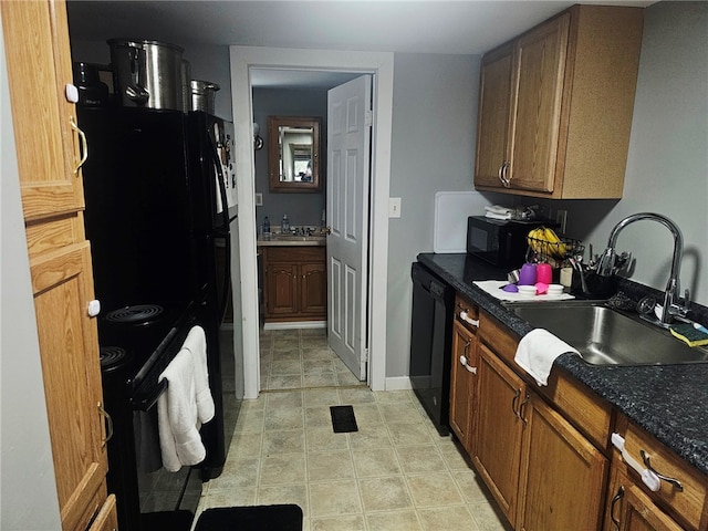 2968 County Highway 11, Hartwick, NY 13348 - kitchen with black appliances, a sink, light tile patterned floors, and brown cabinets
