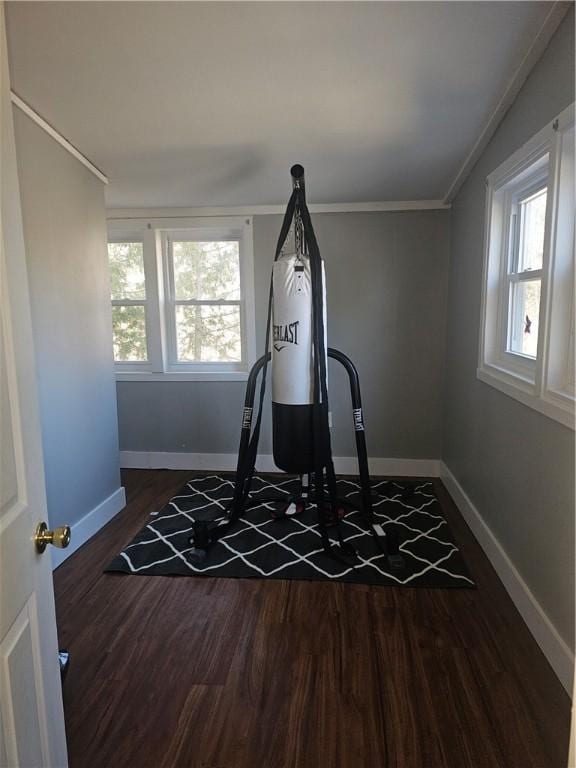 2968 County Highway 11, Hartwick, NY 13348 - workout room with baseboards, dark wood finished floors, and crown molding