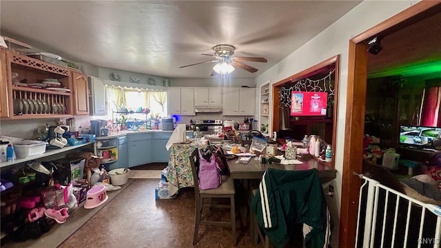 707 Broadway, Rome-Inside, NY 13440 - kitchen featuring open shelves, a ceiling fan, under cabinet range hood, white cabinetry, and stainless steel electric range oven