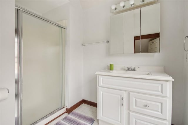 865 Harvard St, Rochester, NY 14610 - bathroom featuring a shower stall, vanity, tile patterned floors, and baseboards