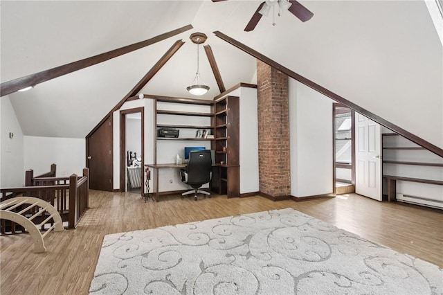 865 Harvard St, Rochester, NY 14610 - office space featuring vaulted ceiling, wood finished floors, a ceiling fan, and a baseboard heating unit