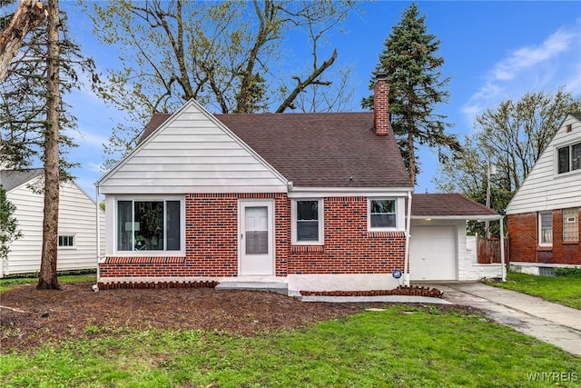 296 Burke Dr, Cheektowaga, NY 14215 - bungalow-style house with concrete driveway, brick siding, a garage, a chimney, and a front yard