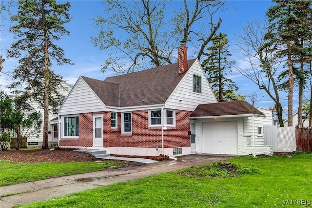 296 Burke Dr, Cheektowaga, NY 14215 - view of front of property with a chimney, an attached garage, a shingled roof, driveway, and brick siding