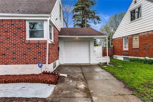 296 Burke Dr, Cheektowaga, NY 14215 - view of side of home featuring concrete driveway, a shingled roof, brick siding, and a garage