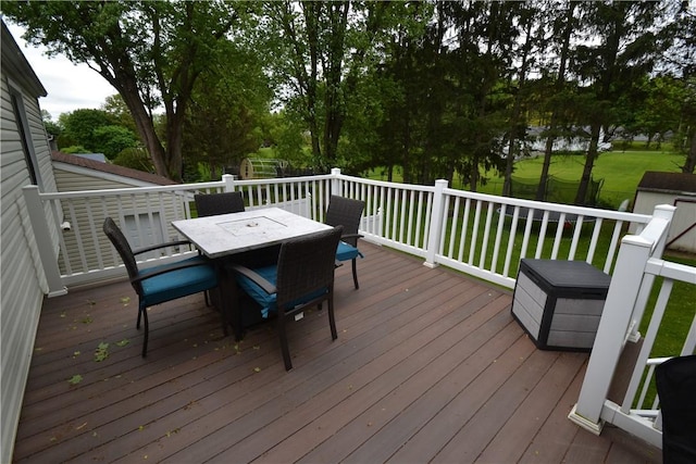 2314 Vandy Dr, Macedon, NY 14522 - wooden deck with outdoor dining area and a yard