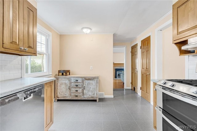 370 Mount Vernon Rd, Amherst, NY 14226 - kitchen with stainless steel appliances, light countertops, ornamental molding, decorative backsplash, and baseboards