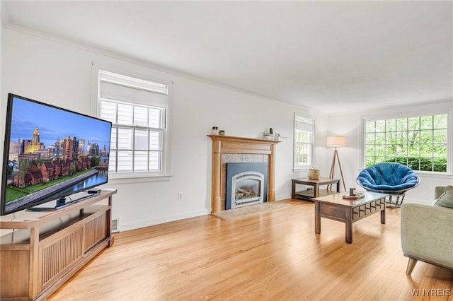 370 Mount Vernon Rd, Amherst, NY 14226 - living room with light wood-type flooring, a tile fireplace, crown molding, and baseboards