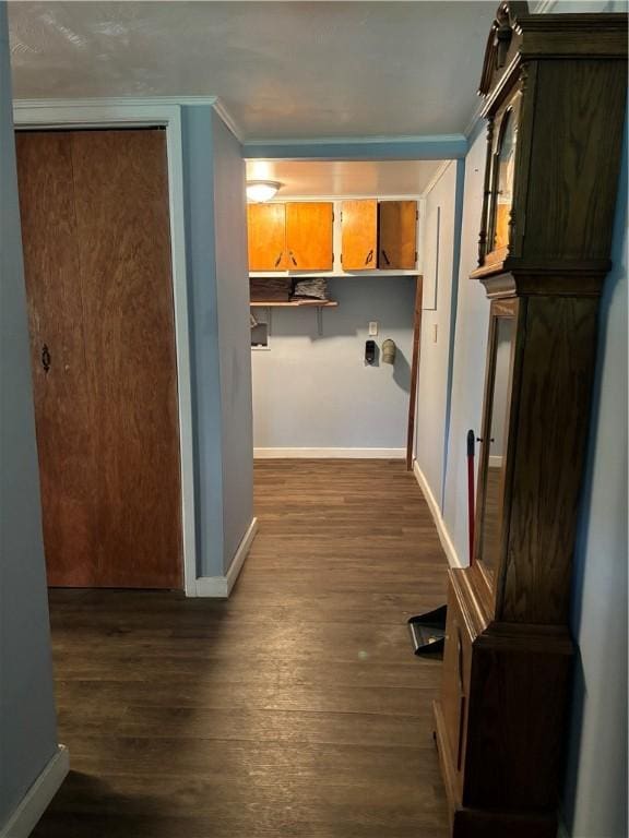 115 Depew Rd, Tioga, NY 13734 - hallway featuring crown molding, baseboards, and dark wood-style floors