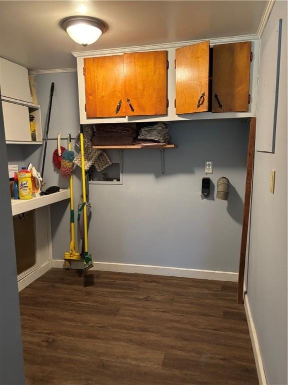 115 Depew Rd, Tioga, NY 13734 - washroom featuring dark wood-style flooring, cabinet space, baseboards, ornamental molding, and hookup for a washing machine