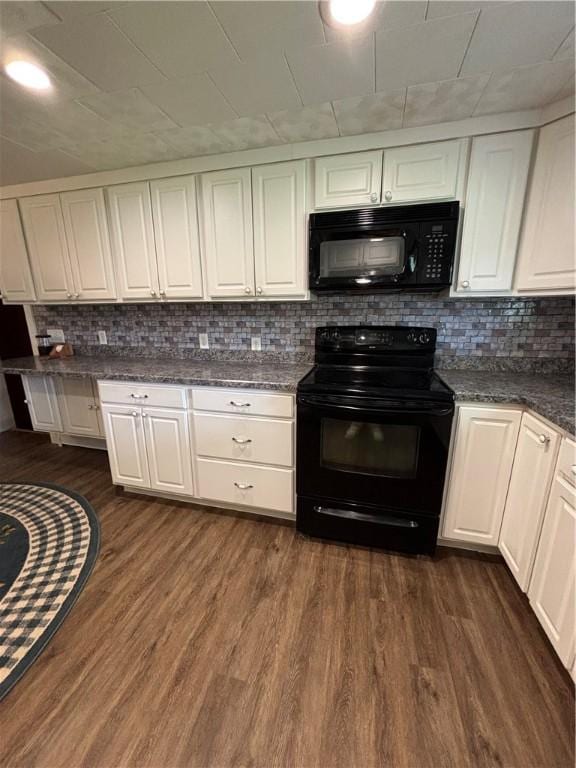 115 Depew Rd, Tioga, NY 13734 - kitchen featuring black appliances, dark wood-style floors, white cabinetry, and tasteful backsplash