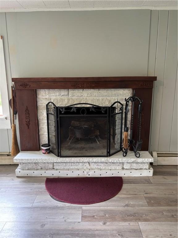 115 Depew Rd, Tioga, NY 13734 - detailed view of a fireplace with raised hearth, wood finished floors, and a baseboard radiator