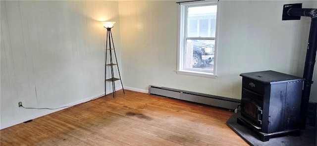 12034 Washington St, Wolcott, NY 14590 - unfurnished bedroom featuring a wood stove, baseboard heating, wood finished floors, and baseboards