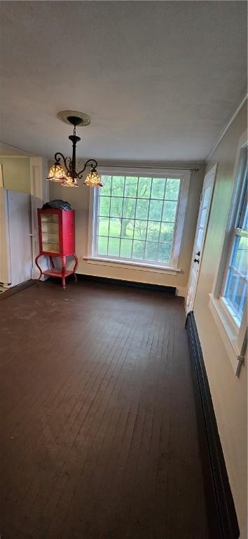 12034 Washington St, Wolcott, NY 14590 - spare room featuring a chandelier, baseboards, and dark wood-type flooring