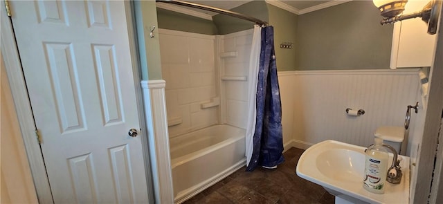 12034 Washington St, Wolcott, NY 14590 - full bath featuring crown molding, a wainscoted wall, and shower / bath combo with shower curtain