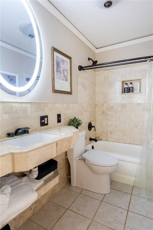 2804 Westinghouse Rd, Horseheads, NY 14845 - bathroom featuring ornamental molding, tile walls, shower / tub combo with curtain, and tile patterned flooring