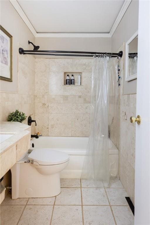 2804 Westinghouse Rd, Horseheads, NY 14845 - bathroom with tile walls, shower / bath combo with shower curtain, ornamental molding, and tile patterned flooring