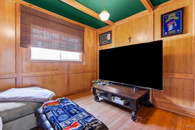 54 W 5th St, Oswego-City, NY 13126 - living room featuring light wood finished floors and wood walls