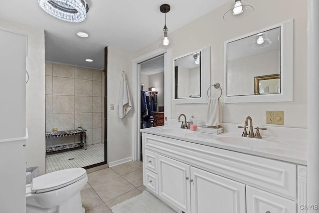 54 W 5th St, Oswego-City, NY 13126 - full bath with double vanity, a tile shower, tile patterned flooring, and toilet