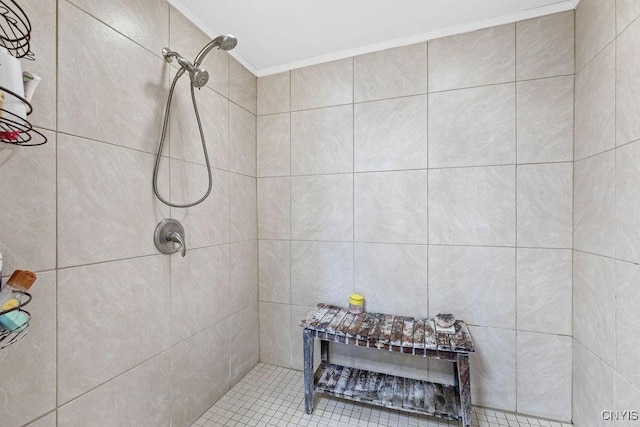 54 W 5th St, Oswego-City, NY 13126 - bathroom featuring ornamental molding and a tile shower