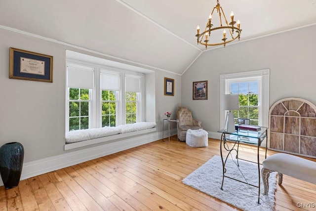 54 W 5th St, Oswego-City, NY 13126 - home office featuring plenty of natural light, a chandelier, lofted ceiling, baseboards, and ornamental molding
