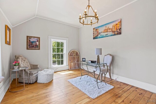 54 W 5th St, Oswego-City, NY 13126 - office area featuring a chandelier, wood-type flooring, crown molding, and lofted ceiling