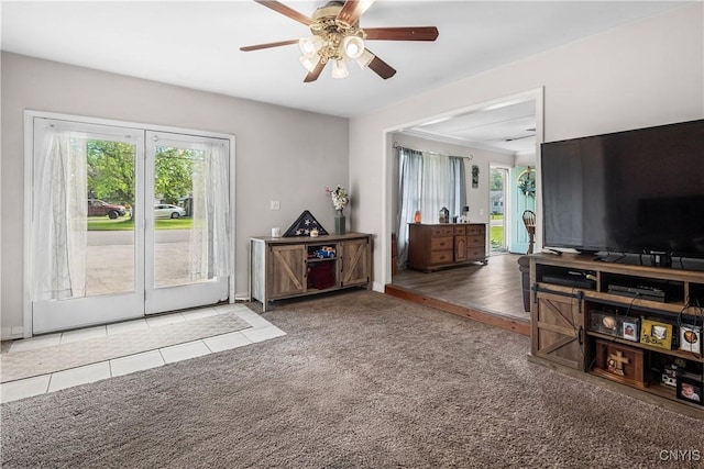 30 Bakeman St, Fulton, NY 13069 - living area featuring ceiling fan, carpet, and tile patterned flooring