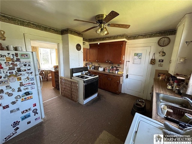 12298 Alleghany Rd, Hanover, NY 14136 - kitchen featuring white appliances and a ceiling fan
