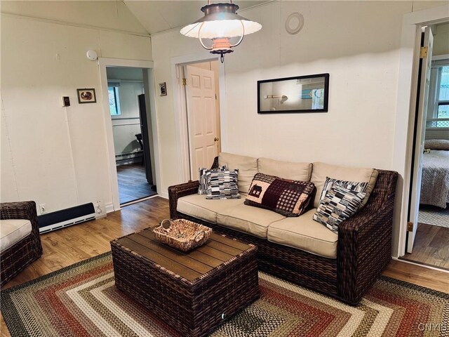 274 S Shore Rd, Webb, NY 13420 - living area with wood finished floors, plenty of natural light, a baseboard radiator, and vaulted ceiling