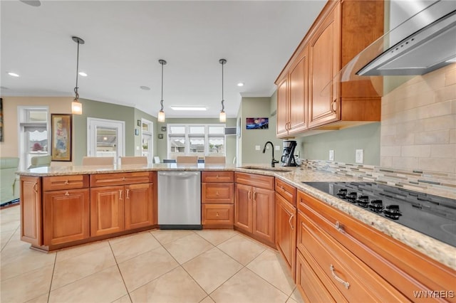3906 Ontario Dr, Wheatfield, NY 14120 - kitchen featuring dishwasher, exhaust hood, a sink, light stone countertops, and decorative backsplash