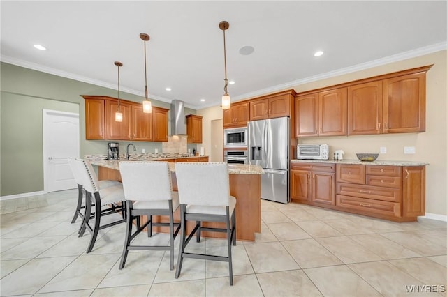 3906 Ontario Dr, Wheatfield, NY 14120 - kitchen featuring stainless steel appliances, wall chimney range hood, a peninsula, a breakfast bar area, and ornamental molding