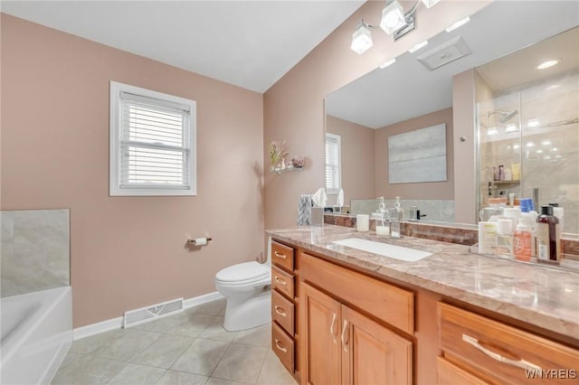 3906 Ontario Dr, Wheatfield, NY 14120 - bathroom featuring vanity, toilet, a garden tub, baseboards, and tile patterned flooring