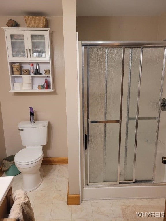 4368 State Route 19, Gainesville, NY 14550 - bathroom with a stall shower, toilet, vanity, and marble finish floors
