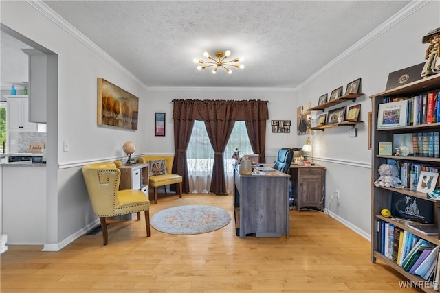 1660 Shallow Creek Trl, Webster, NY 14580 - office area with light wood-style flooring, crown molding, a textured ceiling, a chandelier, and baseboards